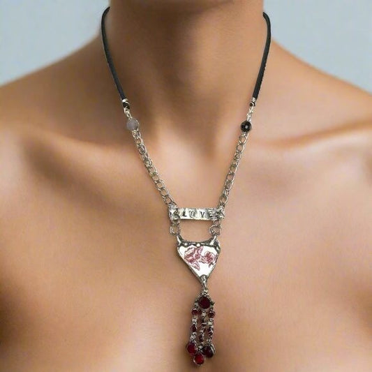 Broken China Heart Pendant W/ VNTG Garnet Tassel, Artisan Metalwork & Leather