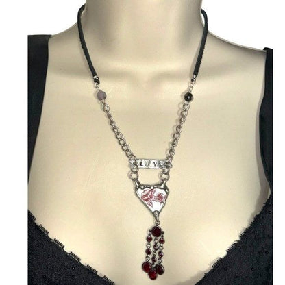 Broken China Heart Pendant W/ VNTG Garnet Tassel, Artisan Metalwork & Leather