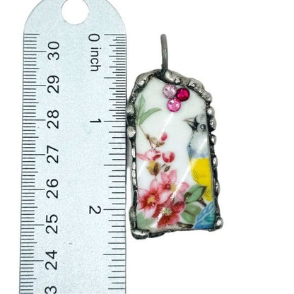 Broken China Pendant Gouldian Finch, Swarovski Crystals With Hand Solder