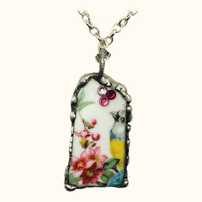 Broken China Pendant Gouldian Finch, Swarovski Crystals With Hand Solder