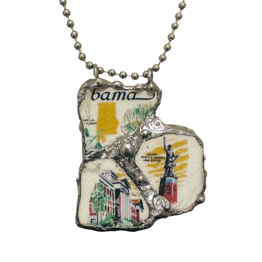 Broken China Pendant Alabama State Commemorative Plate with Brutalist Metalwork Bezel