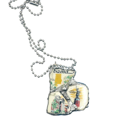 Broken China Pendant Alabama State Commemorative Plate with Brutalist Metalwork Bezel