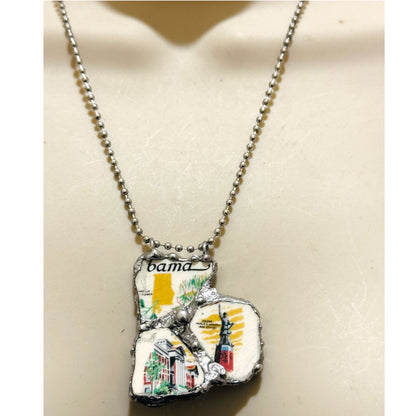 Broken China Pendant Alabama State Commemorative Plate with Brutalist Metalwork Bezel