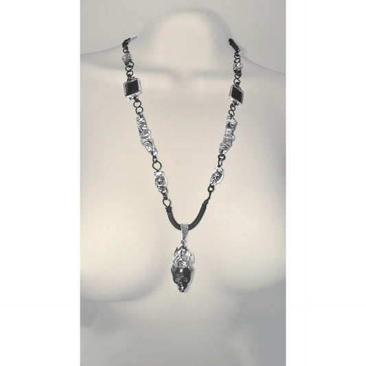 Crystal Skull Pendant w MCM Black Onyx & Intricate Silver Blend Metalwork