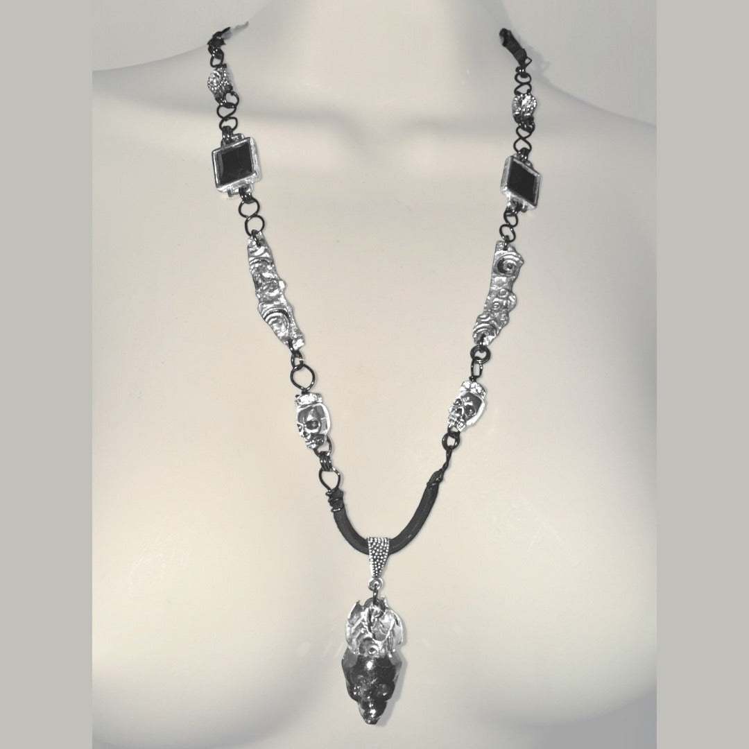 Crystal Skull Pendant w MCM Black Onyx & Intricate Silver Blend Metalwork
