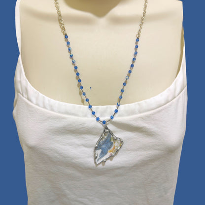 Blue Bird Broken China Pendant Silver Blend Metalwork Vintage Crystal Necklace