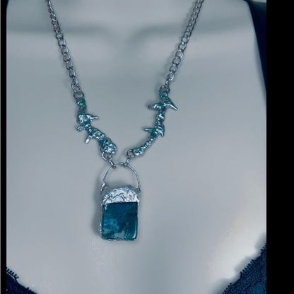 Natural Free Form Moss Agate Pendant & Brutalist Silver-Blend Metalwork Thorn Necklace