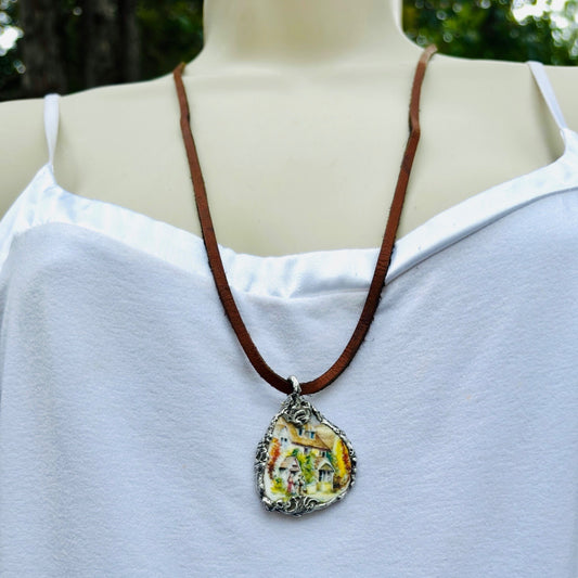Artisan Necklace Featuring Royal Stuart Broken China Encased in Silver Blend Metalwork
