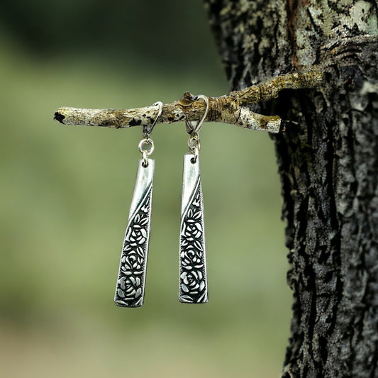 Stainless Steel Spoon Dangle Earrings Antique Roses