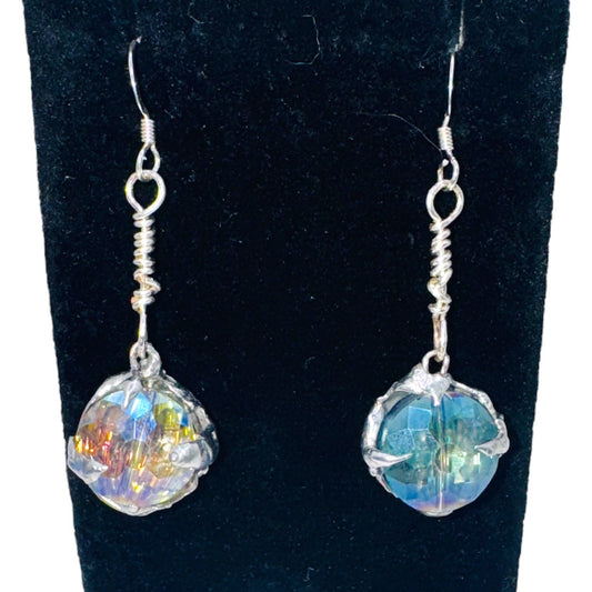 Artisan Crafted Aurora Borealis Crystal Dangle Earrings With Silver Blend Metalwork