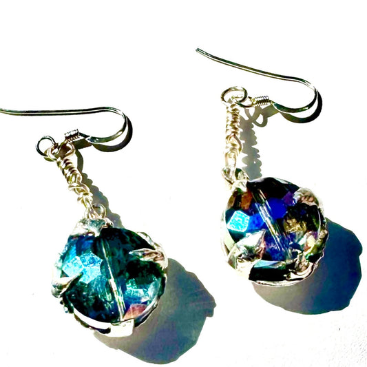 Artisan Crafted Aurora Borealis Crystal Dangle Earrings With Silver Blend Metalwork