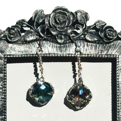 Artisan Crafted Aurora Borealis Crystal Dangle Earrings With Silver Blend Metalwork