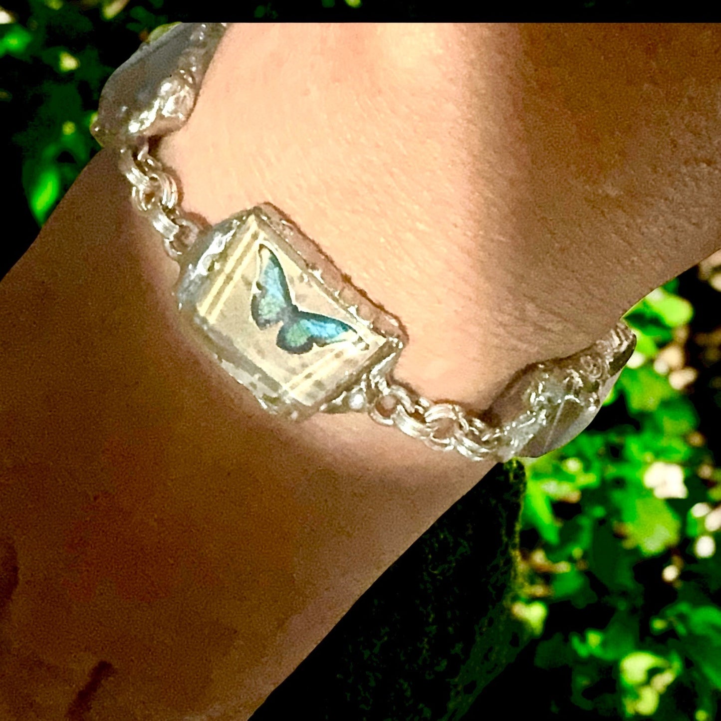 Artisan Butterfly Bracelet W/ VNTG Anchor Hocking Lead Crystal Glass & Silver Blend Bezels
