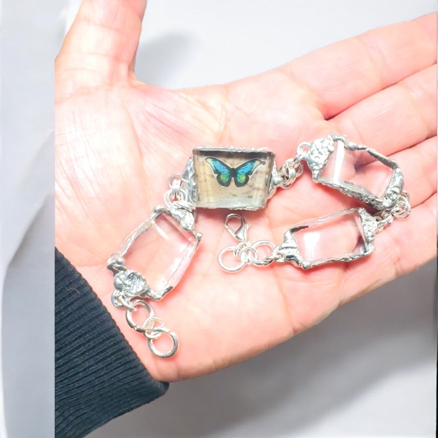 Artisan Butterfly Bracelet W/ VNTG Anchor Hocking Lead Crystal Glass & Silver Blend Bezels