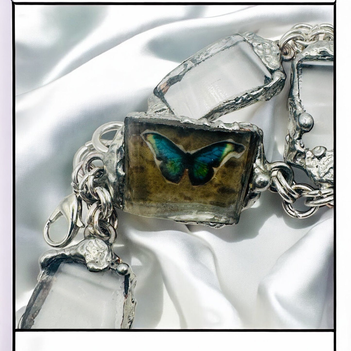 Artisan Butterfly Bracelet W/ VNTG Anchor Hocking Lead Crystal Glass & Silver Blend Bezels