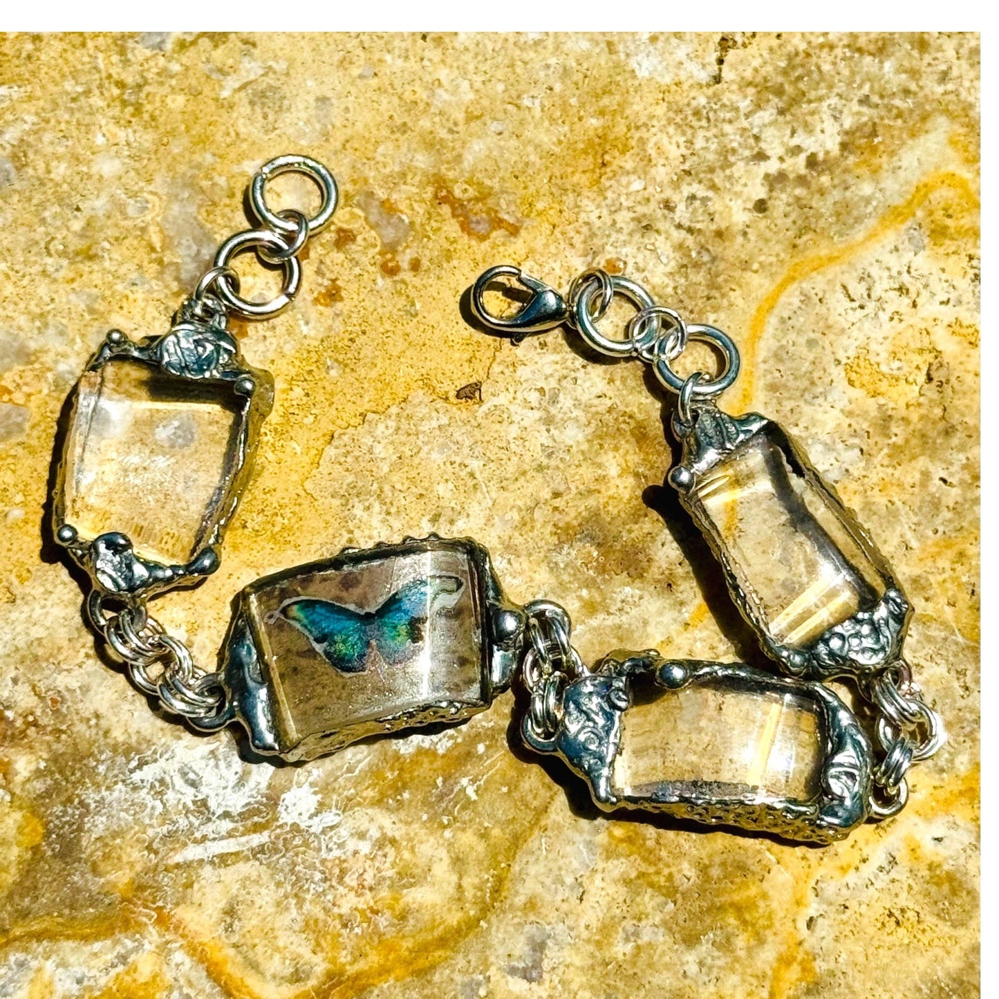 Artisan Butterfly Bracelet W/ VNTG Anchor Hocking Lead Crystal Glass & Silver Blend Bezels