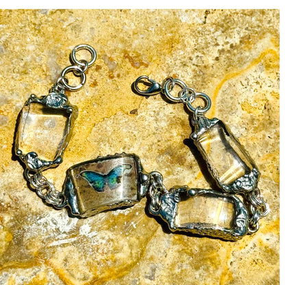 Artisan Butterfly Bracelet W/ VNTG Anchor Hocking Lead Crystal Glass & Silver Blend Bezels