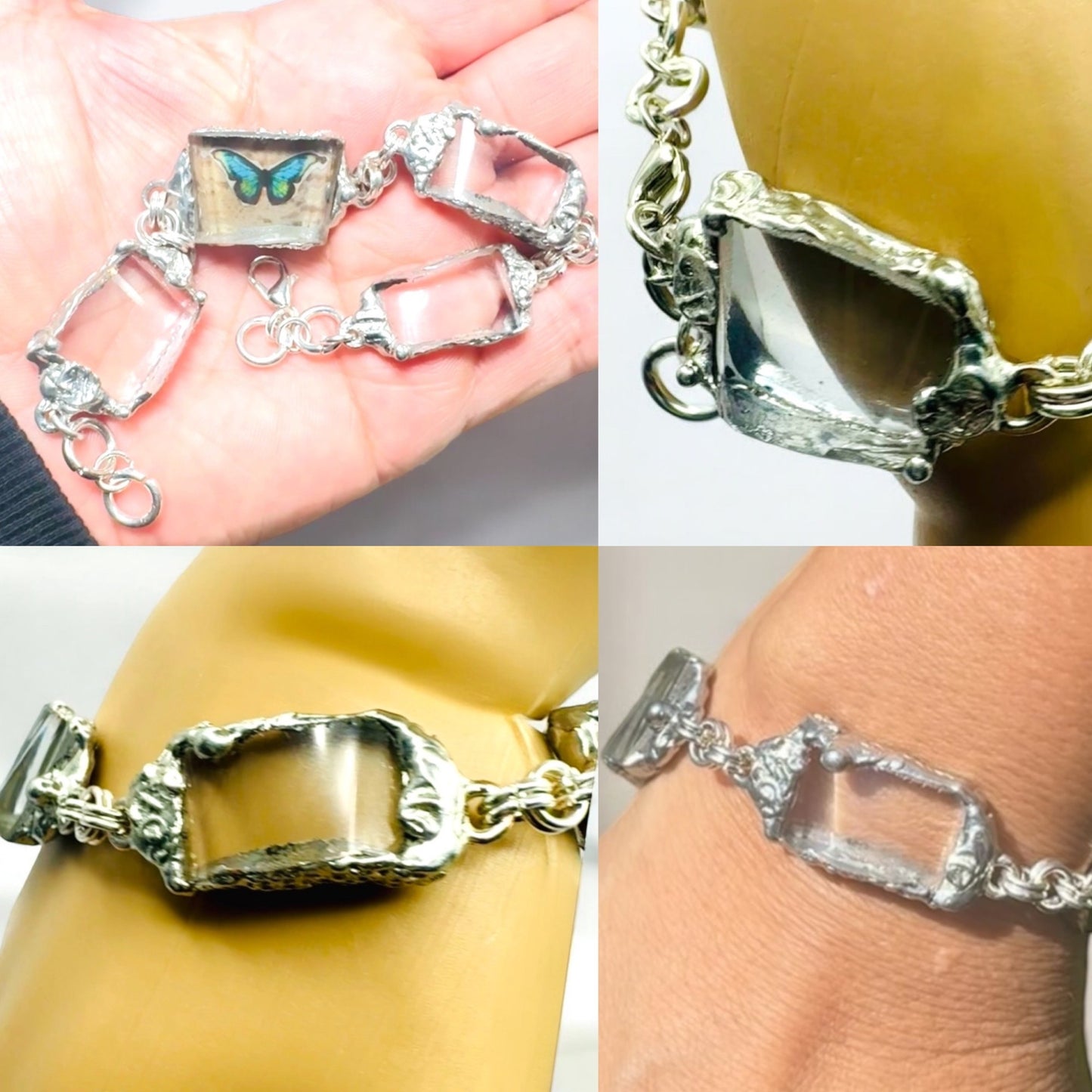 Artisan Butterfly Bracelet W/ VNTG Anchor Hocking Lead Crystal Glass & Silver Blend Bezels