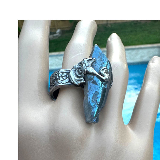 Blue Quartz Statement Ring Stainless Steel Spoon Handle & Brutalist Blend Metalwork Size 9