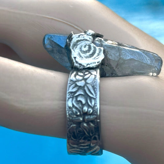 Blue Quartz Statement Ring Stainless Steel Spoon Handle & Brutalist Blend Metalwork Size 9