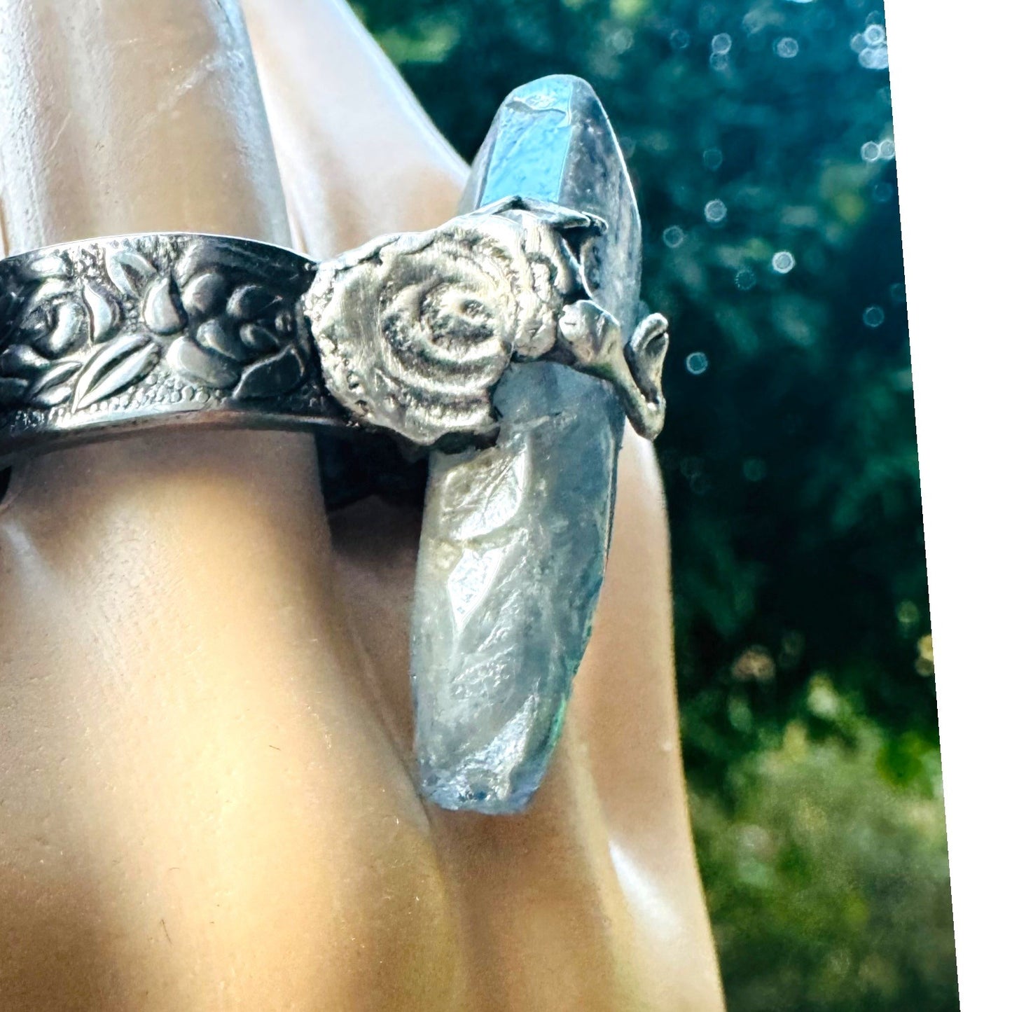Blue Quartz Statement Ring Stainless Steel Spoon Handle & Brutalist Blend Metalwork Size 9