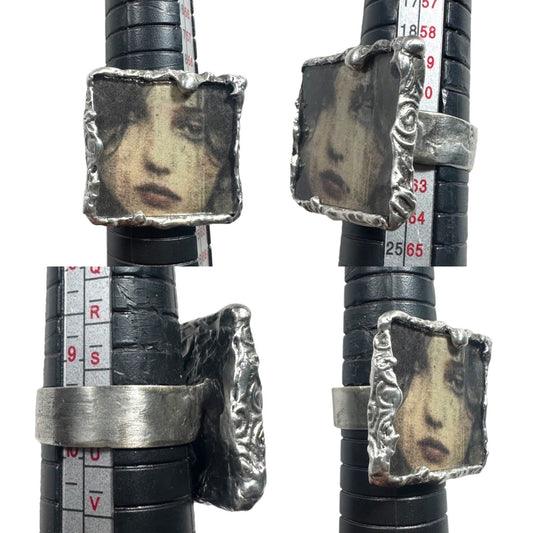 Handcrafted Artisan Silver & Glass Statement Ring Abstract Woman Portrait Design