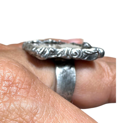 Handcrafted Artisan Silver & Glass Statement Ring Abstract Woman Portrait Design