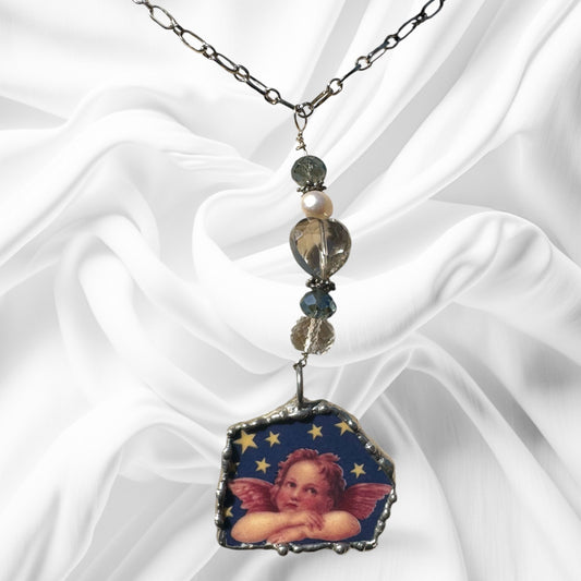 Cherub Broken China Pendant Caged in Silver Blend Bezel & Crystal Beads