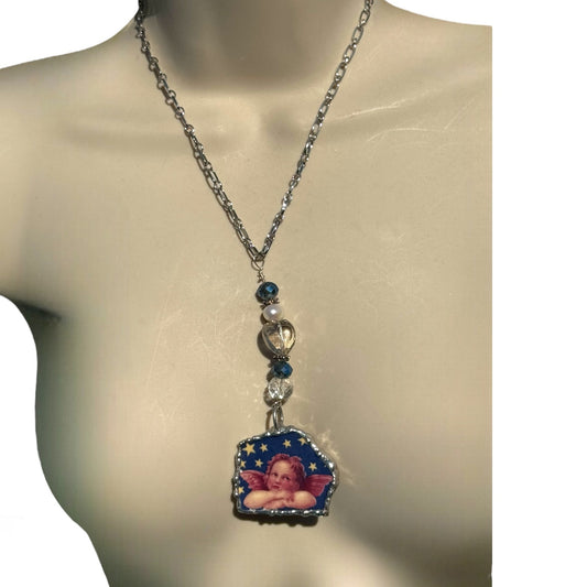 Cherub Broken China Pendant Caged in Silver Blend Bezel & Crystal Beads