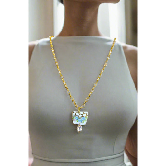 Broken China Pendant Necklace With Gold Tone Chain & Crystal Bead