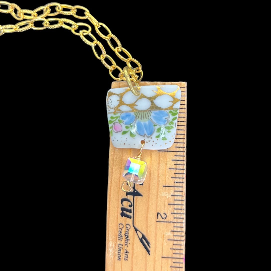 Broken China Pendant Necklace With Gold Tone Chain & Crystal Bead