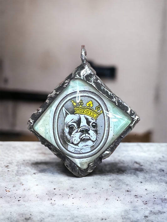 French Bulldog Tiny Pendant Decoupaged Glass & Boho Metalwork “I am the King”