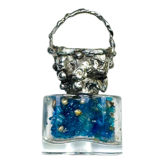 Repurposed Vintage Perfume Glass Bottle Pendant Necklace with Brutalist Silver Metalwork