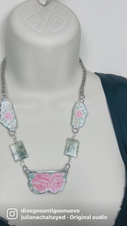 Hand Crafted Broken China Pendant  Antique Roses with  Prenhite Stones Necklace