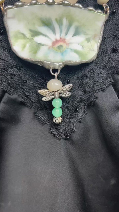 Broken China Daisies Pendant With Jade Dragonfly Charm Leather Necklace