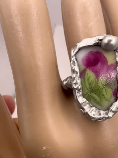 Antique Broken China Rose Ring Encased With Boho Silver Size 6.5