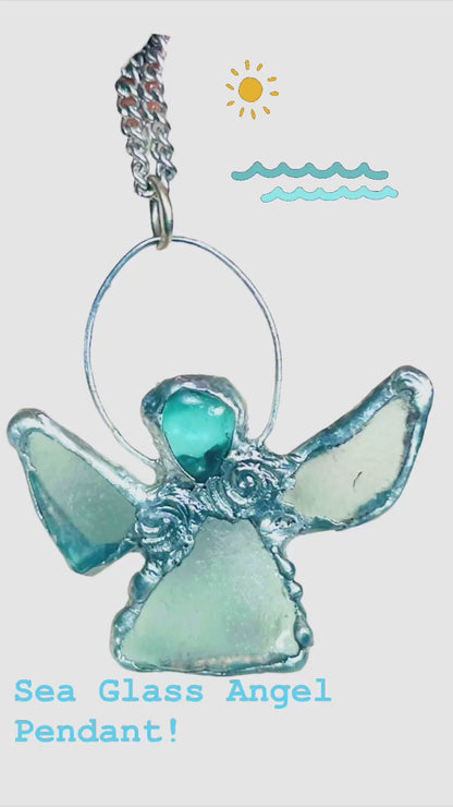 Sea Glass Angel Pendant Artisan Boho Metalwork Necklace