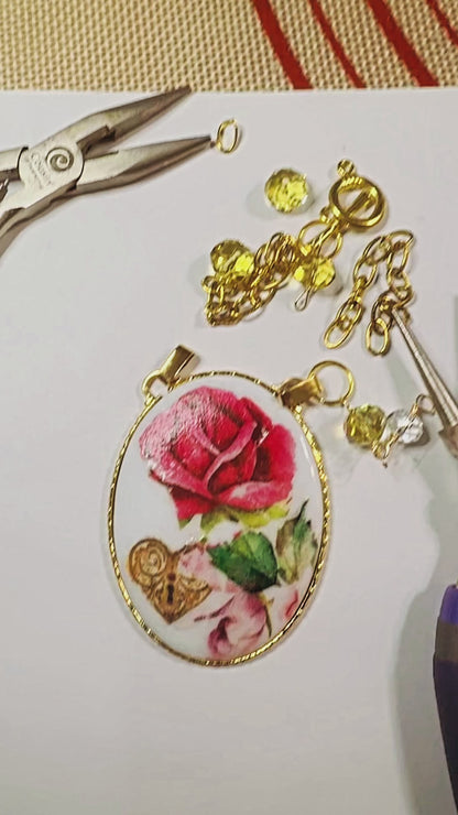 Ceramic Vintage Pandant Reworked with Decoupage and Multifaceted Crystals