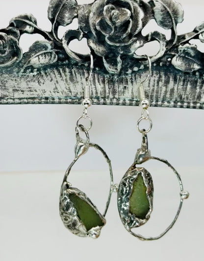 Natural Moldavite & Sterling 925 Boho Metalwork Earrings