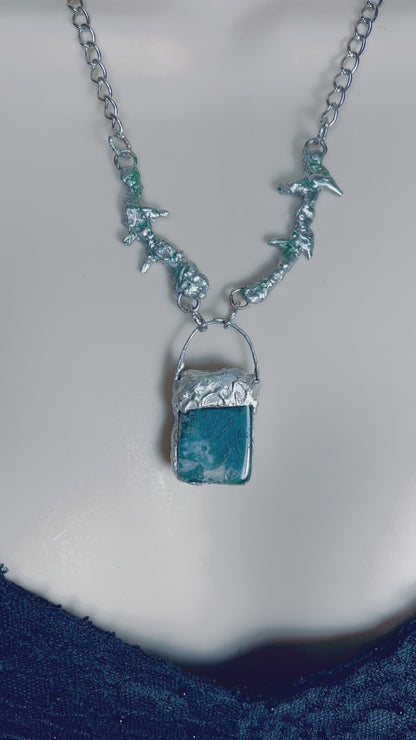 Natural Free Form Moss Agate Pendant & Brutalist Silver-Blend Metalwork Thorn Necklace