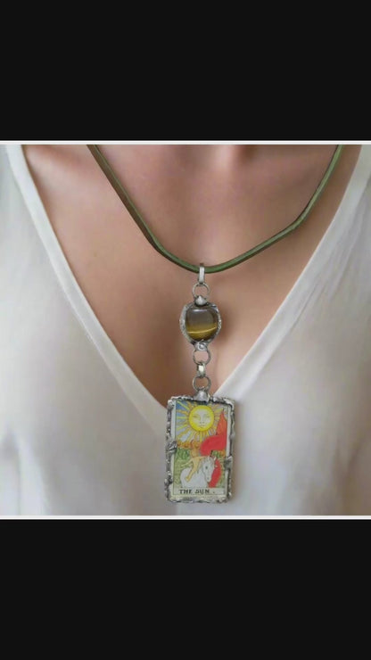 Tarot Card Mixed Media & Artisan Metalwork Tiger Eye Pendant Leather Necklace