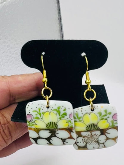 Daisies Fine Bone China Dangle Earrings with Gold Etching