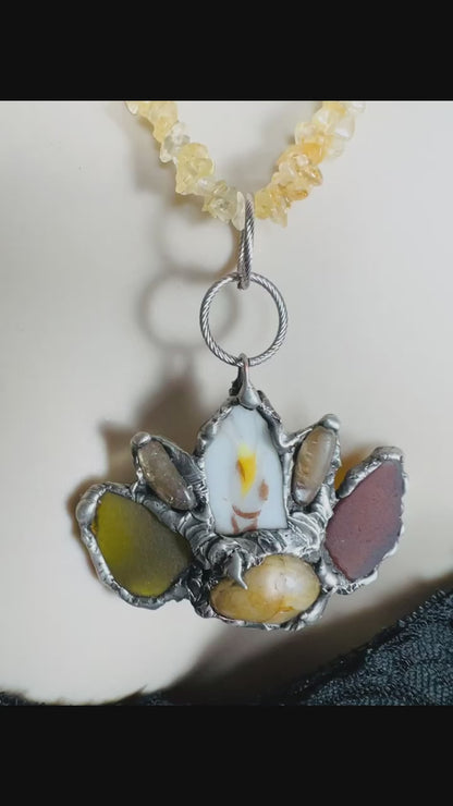 Citrine, Sea Glass & Broken China Pendant With Vintage Citrine Chip Necklace
