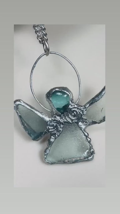 Sea Glass Angel Pendant Artisan Boho Metalwork Necklace