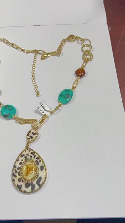 Upcycled VNTG Horse Brooch and Hyde Pendant w/ Wire Wrapped Amber & Turquoise Necklace