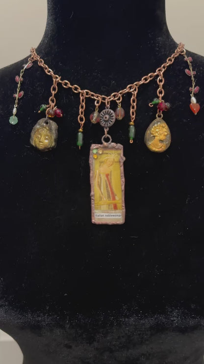 Tiny Art Canvas Italian Noblewoman Encased in Glass with Artisan Clay Cameos