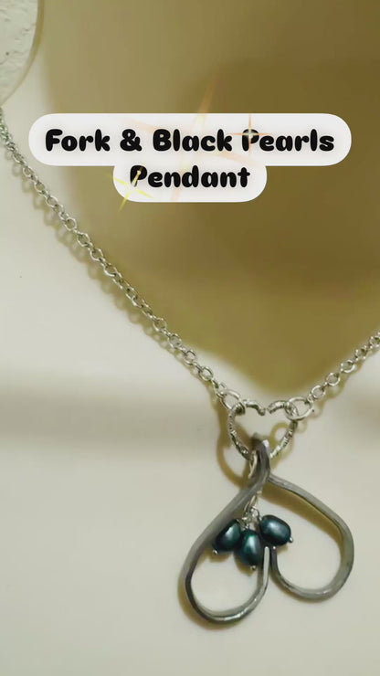 Upcycled Fork Heart Pendant Necklace With Dangling Baroque Pearls On Silver Chain