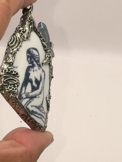 Mermaid Denmark Broken China & Blue Quartz Statement Pendant W/ Silver Blend Bezel