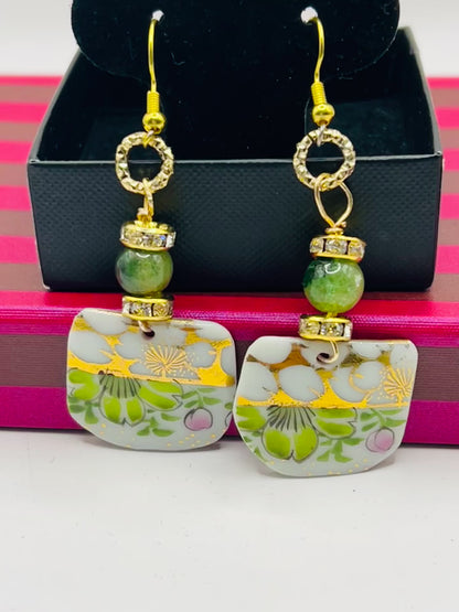 Broken Fine Bone China Dangle  Earrings With Green Agate Stones