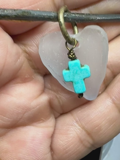 Concave Sea Glass Heart Pendant with Turquoise Cross Charm Artisan Crafted